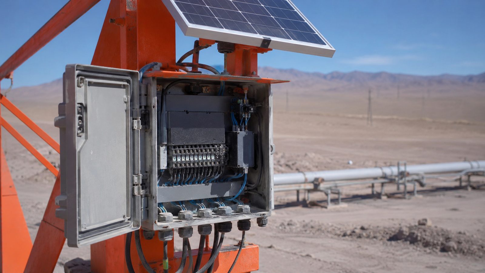 Gabinete de telemetría de campo con RTU y panel solar en faena minera